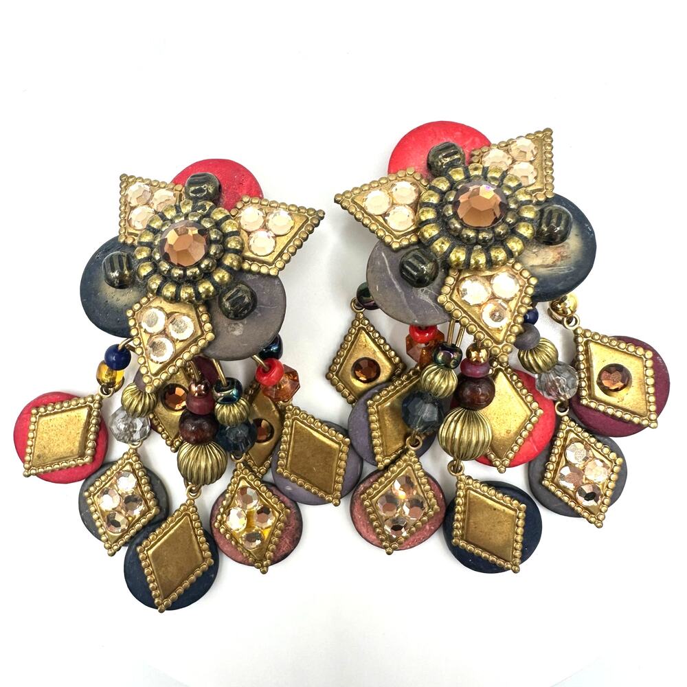 1980s vintage gold tone multicolor beaded dangle statement clip on earrings